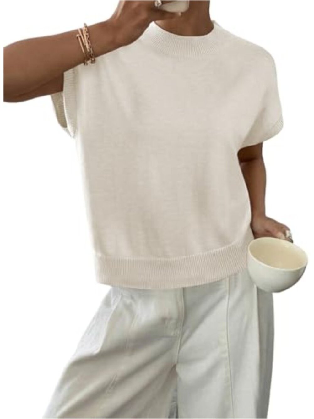 Women's Cap Sleeve Knit Pullover Sweater, Loose Fit, Lightweight, Soft Stretch
